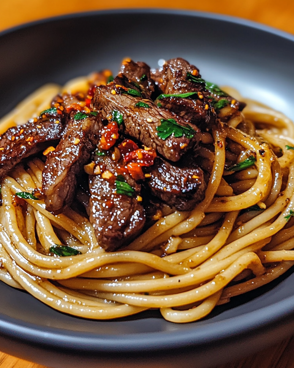 Sweet and Spicy Garlic Steak Pasta