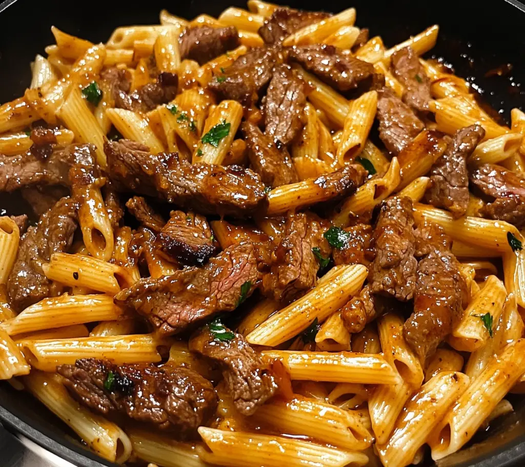 One-Skillet Spicy Honey BBQ Steak Pasta