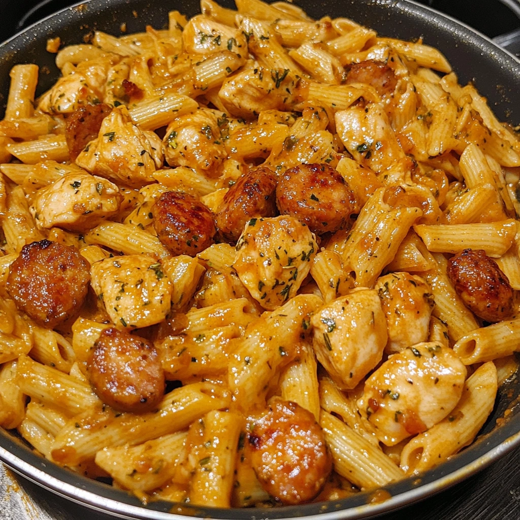 one pot Sweet Tangy Sausage and Chicken Pasta