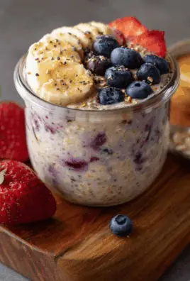 Delicious banana berry overnight oats in a mason jar