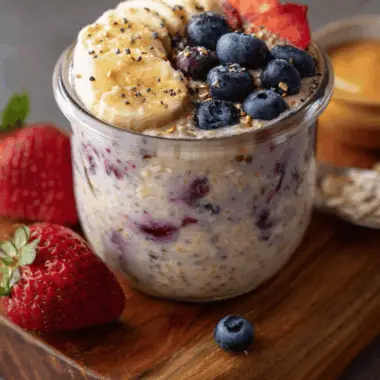 Delicious banana berry overnight oats in a mason jar