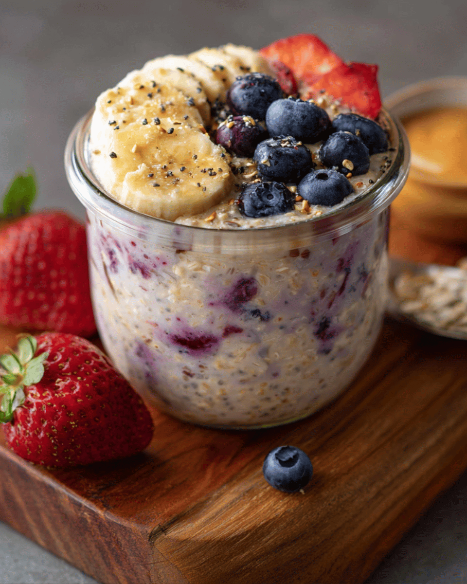 Delicious banana berry overnight oats in a mason jar