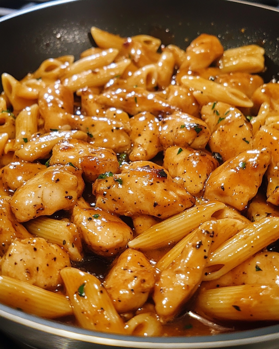 Sticky Honey Garlic Chicken Pasta Skillet